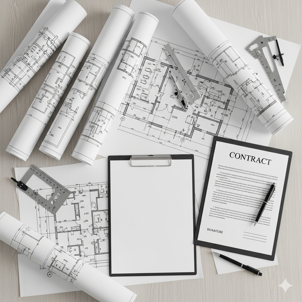 Leistungen Ausschreibung und Vergabe - Ein Baufachmann vergleicht verschiedene Angebote und Leistungsverzeichnisse.