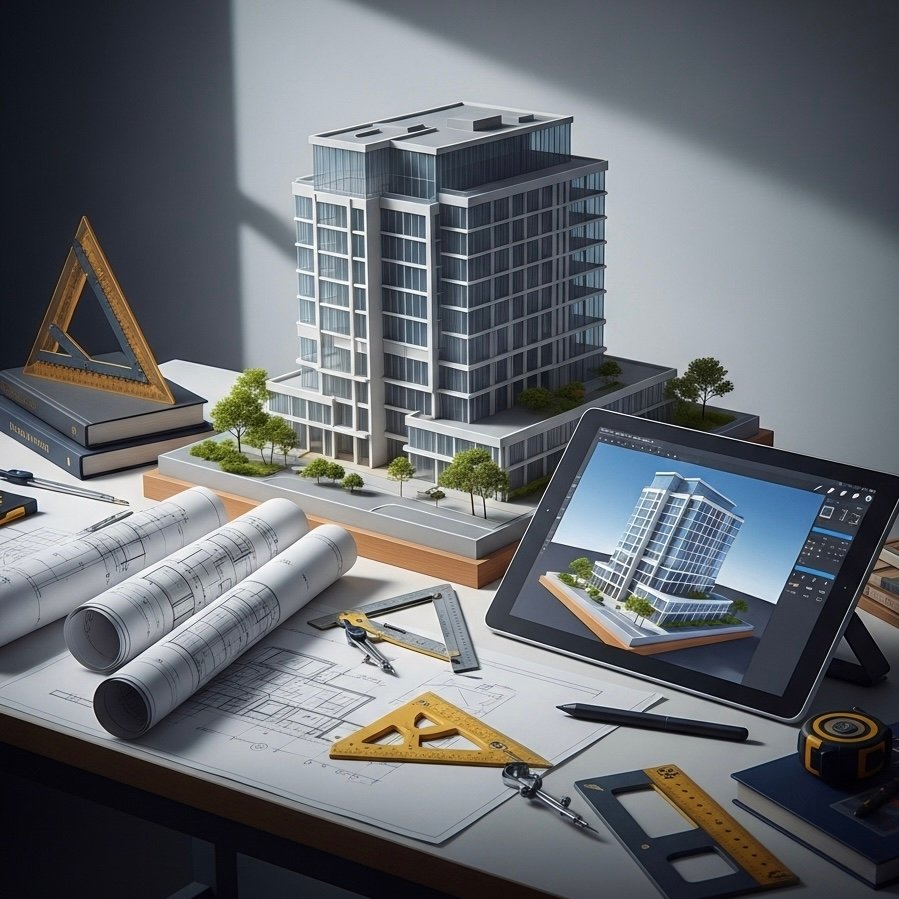 Leistungen Architekturgestaltung - Ein Architekt zeichnet mit einem Bleistift auf Bauplänen.