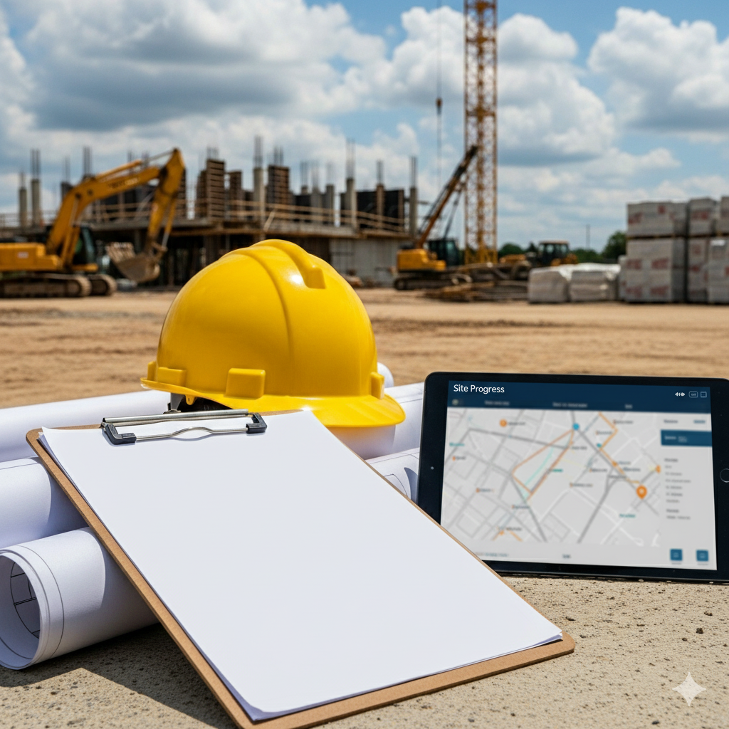 Leistungen Bauüberwachung - Ein Bauingenieur prüft die Ausführung auf einer Baustelle mit einem Plan und macht sich Notizen.