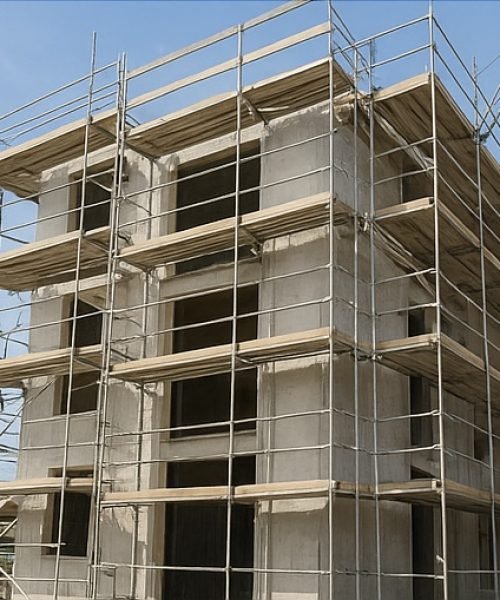 Bauleitung und Baubegleitung - Ein Bausachverständiger bespricht mit einem Bauherrn die Pläne auf der Baustelle.