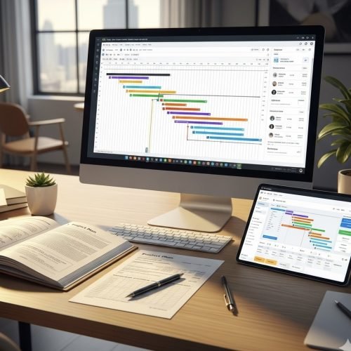 Professionelle Projektsteuerung (AHO) | DSV Bauwerk Projektsteuerung AHO - Ein Team von Bauingenieuren diskutiert Pläne und Bauphasen auf einer Baustelle.