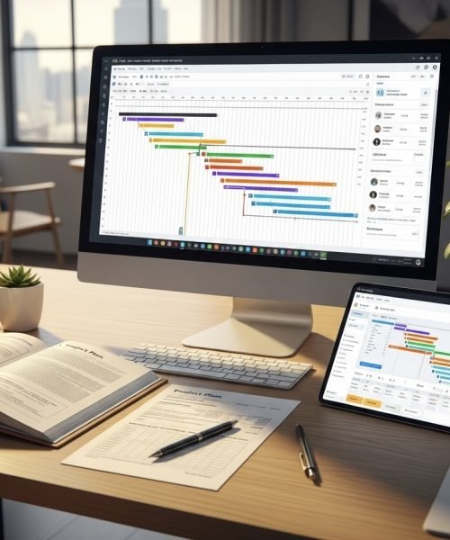 Projektsteuerung AHO - Ein Team von Bauingenieuren diskutiert Pläne und Bauphasen auf einer Baustelle.