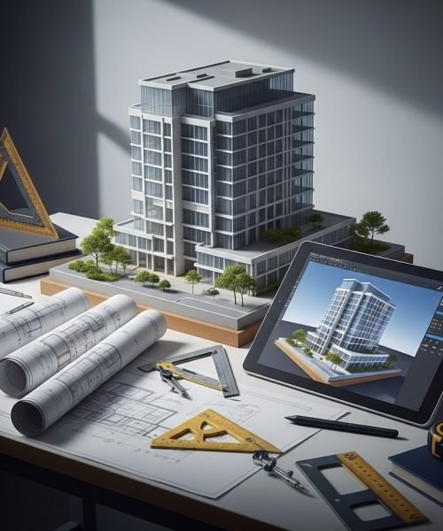 Architekturgestaltung - Ein Architekt zeichnet mit einem Bleistift auf Bauplänen.